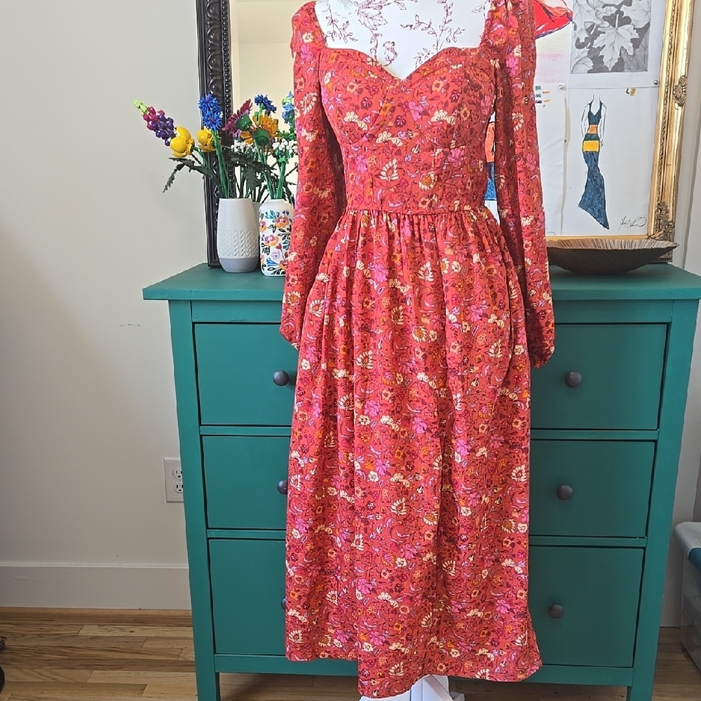 Pink Long Sleeve Bishop Sundress with Sweetheart Neckline